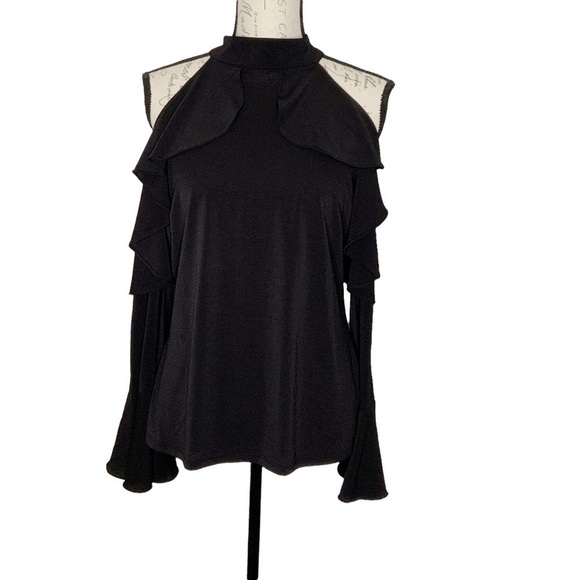 Thalia Sodi black halter top with cold shoulder. Long sleeves and ruffled. M - Picture 2 of 9